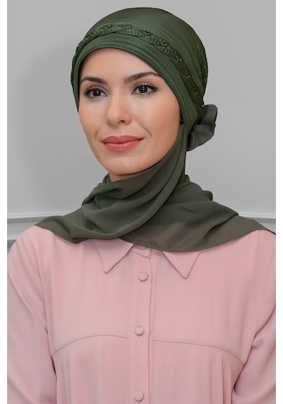 Hürrem Bone Haki Pratik Hazır Geçmeli Tesettür Bone Fukuro Piliseli Örgülü Şi Haki