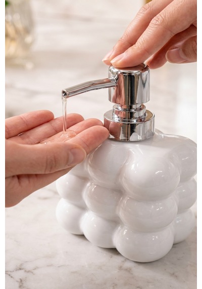Buççin Online Mağaza 2 Adet Bubble Cam Sıvı Sabunluk, 300 Ml + 300 Ml - Beyaz, 9,5x6,5x15 Cm Cam Beyaz Çok Renkli