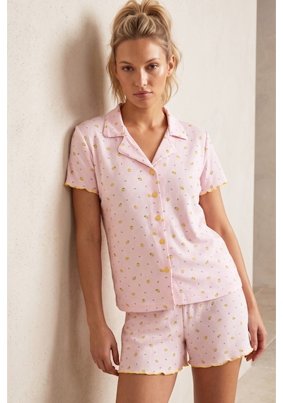 Siyah İnci Düğmeli Pointelli Örme Şortlu Pijama Takımı 26120280 Pembe Limon