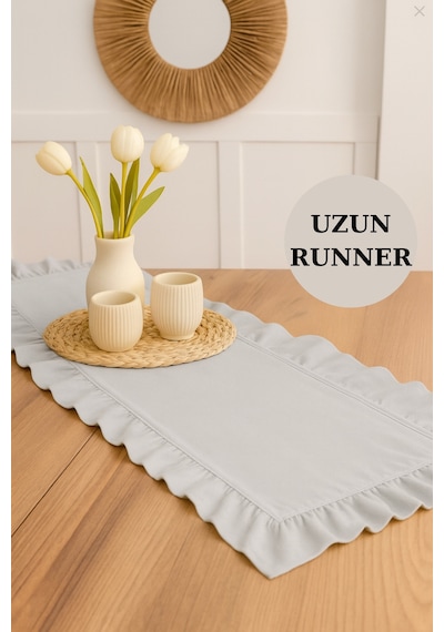 Naturel Gri Fırfırlı Keten Runner - 40x150 Cm