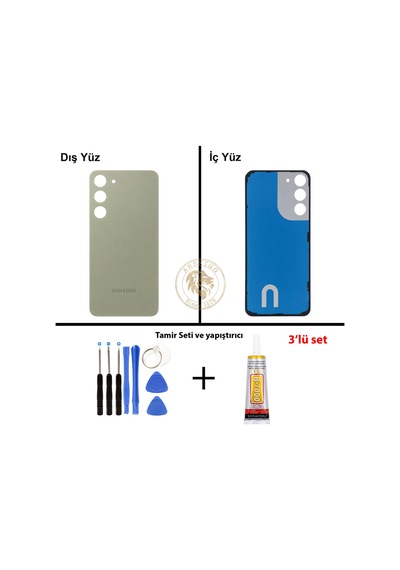 Samsung Galaxy S23 Plus Yeşil Renk Uyumlu Arka Kapak + Tamir Seti + B7000 Yapıştırıcı Arka Cam Batarya Kapağı Pil Kapağı Lazer Kesim Back Cover Galaxy S23 Plus Uyumlu