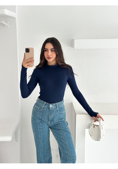 Kadın Yarım Balıkçı Yaka Parmak Geçmeli Full Likralı Buzz Body Lacivert