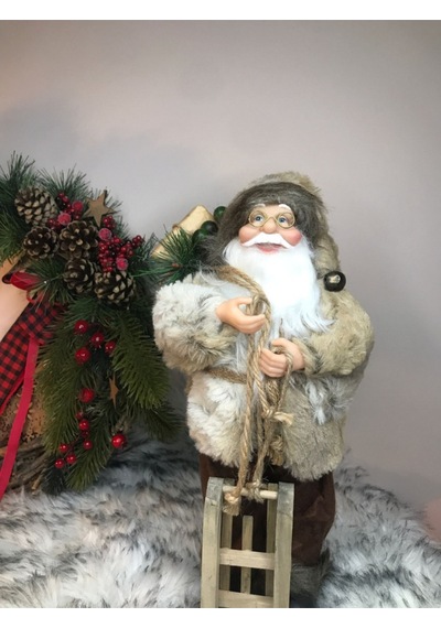 Yılbaşı Noel Baba Peluş Figür 45cm Eli Kızaklı Krem