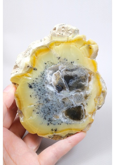 Bal-sarı Ve Buz-mavi Dendritik Opal Levha - Kuvars Jeot Boşlukları Ve Siyah Dendrit Tüyler, 377g