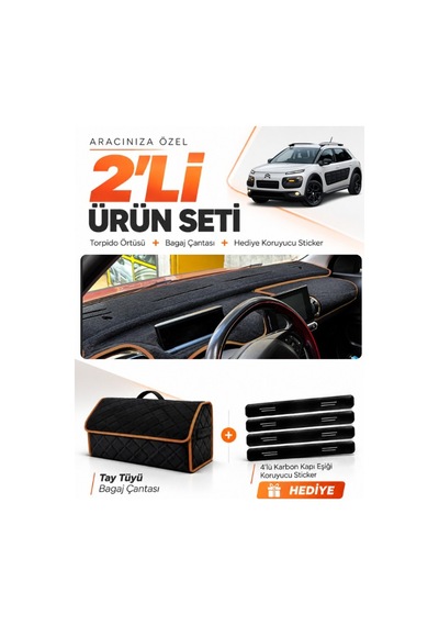 Cıtroen Cactus 2014-2017 Uyumlu Torpido Örtüsü + Tay Tüyü Çanta + Sticker - Siyah Kahverengi