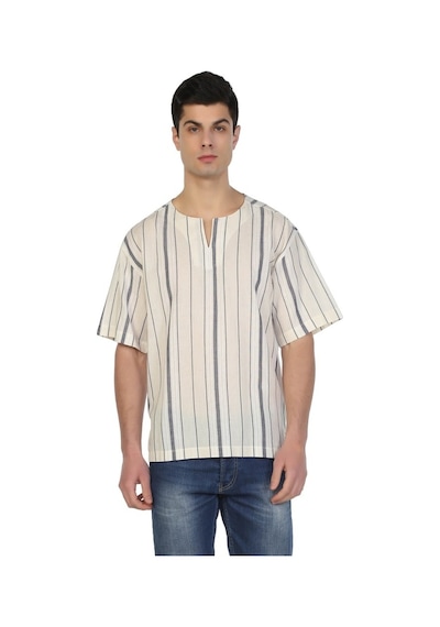 Kısa Kol Şile Bezi Bisiklet Yaka Erkek Tshirt Ekru Gri Çizgili 30