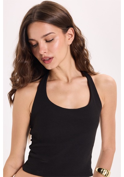 Tudors Kadın Slim Fit Dar Kesim Pamuklu Halter Yaka Kaşkorse Siyah Crop-50709