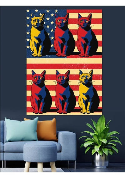 Renkli Kedi Pop Art Dekoratif Kanvas - Mdf Ahşap Tablo