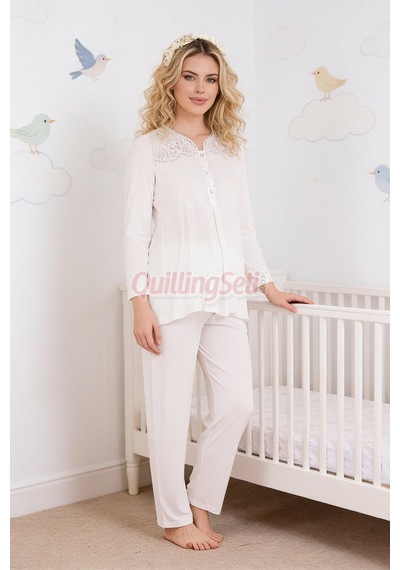Lady Ekru Renkli Dantel Detaylı, 33201 Uzun Kol, 2 Parça Lohusa Hamile Pijama Takımı
