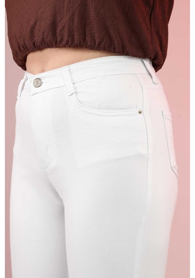 Kene Jeans Kadın Beyaz Yüksek Bel Keten Esnek Dar Paça Pantolon Beyaz