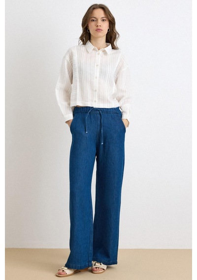 Olcay Beli Lastikli Rahat Kesim Soft Denim Pantolon Koyu Mavi 7587