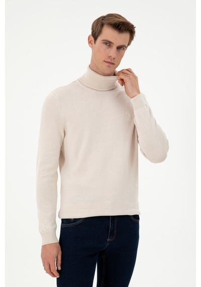 U.S. Polo Assn. Erkek Slim Fit Boğazlı Yaka Krem Melanj Basic Kazak 50288884-VR159