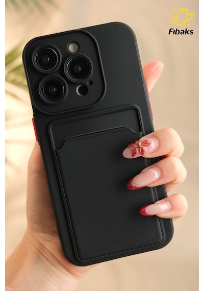 Fibaks iPhone 11 Pro Uyumlu Kılıf Kamera Korumalı Kartlıklı Cüzdanlı Kırmızı Tuşlu Siyah Silikon Kapak