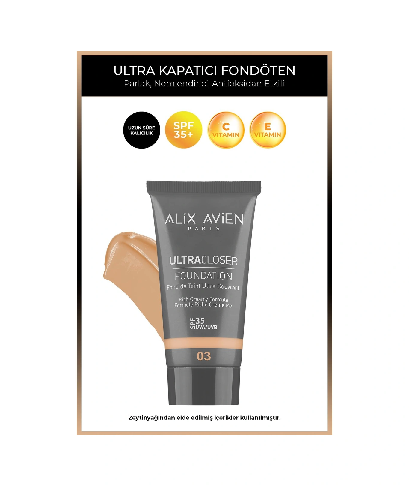 Alix Avien Ultra Kapatıcı Nemlendirici SPF35+ Faktör Ve E & C Vitaminli Fondöten Ultracloser Foundation 03