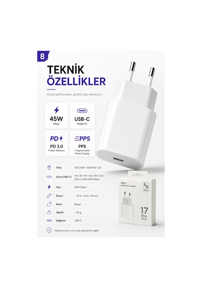 45w Usb-c Hızlı Şarj Adaptörü Beyaz Type-c Çıkışlı Kompakt Güç Adaptörü İphone 15 16 17 Pro Max Uyumlu