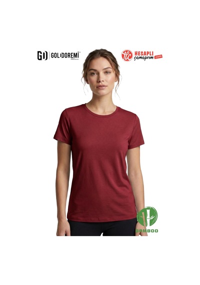 Jiber Kadın Premium Ekstra Esnek Bambu Terletmeyen Hafif Kumaş T-shirt Bordo