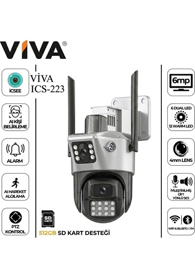 Baff Viva Ics-223 6mp Çift Lens Dual Kamera Wifi Kablosuz Güvenlik Kamerası - Icsee Akıllı Aı Insan Takipli Gece Görüşlü Dış Mekan
