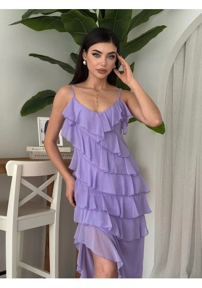 Defymoda Ples Yırtmaç Detaylı Elbise Lila