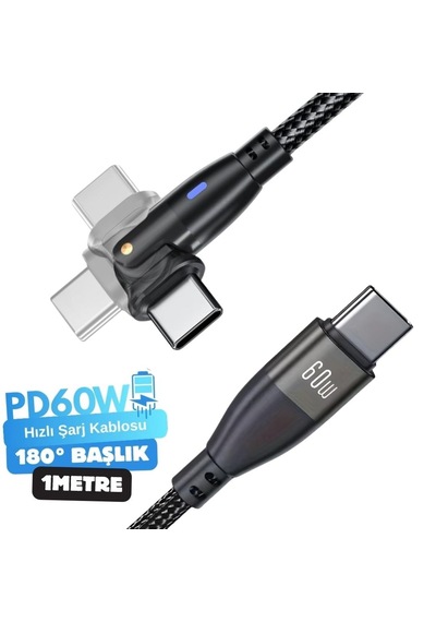 Type C To Type C Hızlı Şarj Data Kablosu Çevirici Dönüştürücü Adaptör 180 Derece 60w 1 Metre 100 Cm