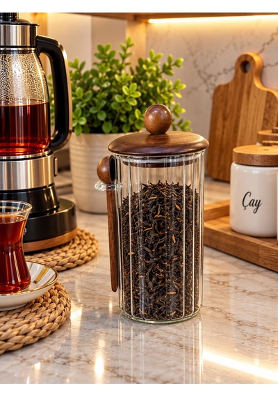 1350 Ml Akasya Kapaklı Kaşıklı Cam Kavanoz Şeffat Cam - Akasya Ahşap Kapak