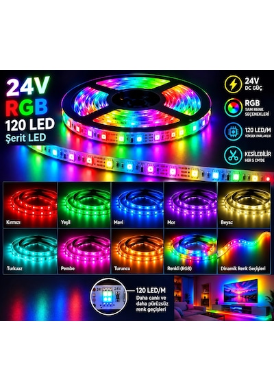 24 Volt 10 Mm Rgb 5050 Smd İç Mekan Silikonsuz 120 Ledli 5 Metre Şerit Led
