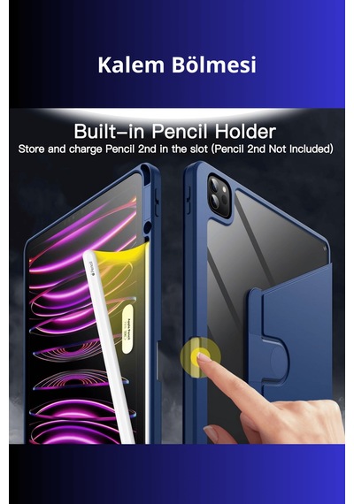 Apple Uyumlu iPad Pro 11 İnç 2025 M5 Çipli 360 Derece Dönebilen Standlı Pino Tablet Kılıfı Kapaklı Kılıf
