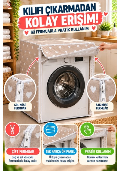 Kalp Desenli Çamaşır Makinesi Kılıfı Bej Kapitone Su Geçirmez Çift Fermuarlı 63x58x84 Cm Koruyucu Ev Kahverengi - Beyaz Kalp Desenli Çamaşır Makinesi Kılıfı Bej Kapitone Su Geçirmez Çift Fermuarlı 63x58x84 Cm Koruyucu Ev Kahverengi - Beyaz