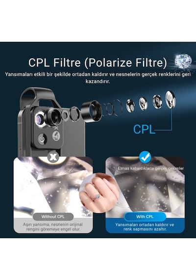 Apexel 200x Büyütmeli Mobil Mikroskop Telefon Lensi Led Işıklı Portatif Tak Çalıştır Polarize Filtreli