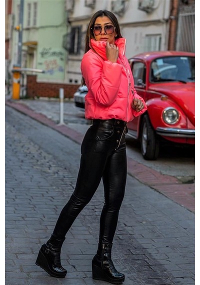 Pembe Dik Yaka Kısa Deri Şişme Mont