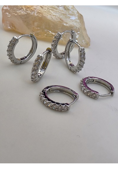6'lı Zirkon Taşlı Gümüş Silver Renk Küpe Seti 1cm Gümüş