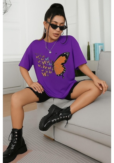 Kelebek Baskılı Oversize Unisex Tişört Mor