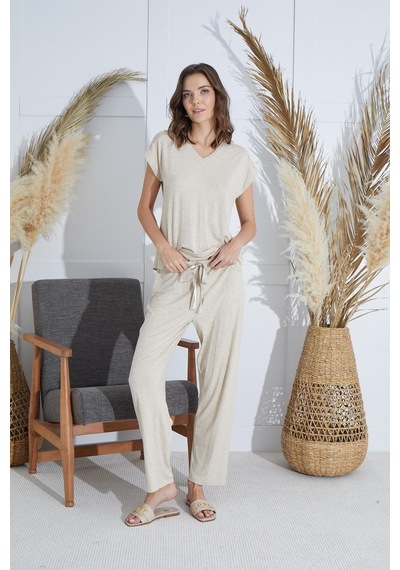 Sevim Kadın Kısa Kol Bej Melanj Pijama Takım C6t4n951 001