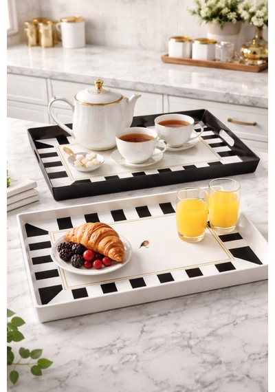 Makri Home 2 Adet Çizgili Desenli Servis Tepsisi 38x28x3,5 Cm, Siyah-beyaz Çok Renkli