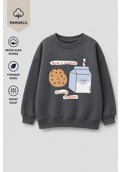 Monila Kız Çocuk 3 İplik Kumaş Pamuklu Kurabiye Baskılı Sweatshirt Antrasit