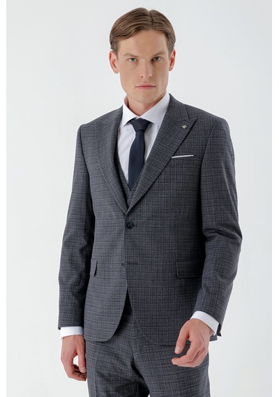 Morven Erkek Lacivert Poliviskon Trend Yelekli Ekoseli Slim Fit Sivri Yaka Takım Elbise 24mc001021200 Lacivert
