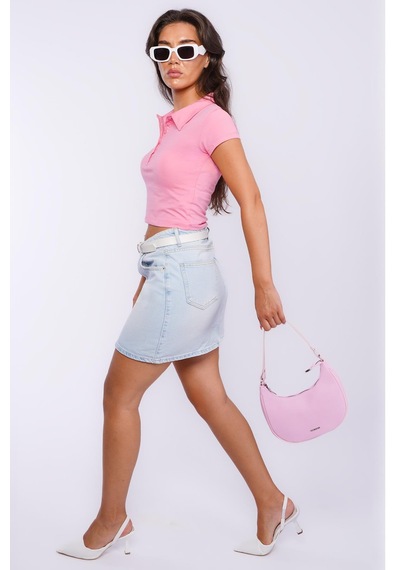 Pembe Polo Yaka Basic Kadın Tişört Mg2455 Pembe