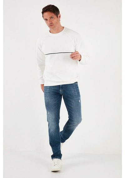 Buratti Pamuklu Şerit Detaylı Relaxed Fit Bisiklet Yaka Erkek Sweat 5901227 Ekru