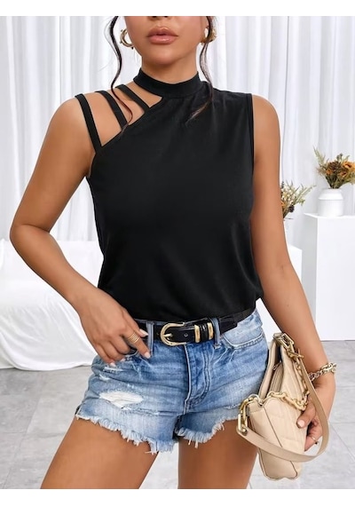 Veraura Lifestyle Kadın Omuzdan Şerit Detaylı Yarı Balıkçı Yaka Viskon Bluz siyah