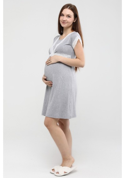 Luvmabelly MYRA9686 Önden Bölmeli Dantelli Hamile Geceliği -Gri