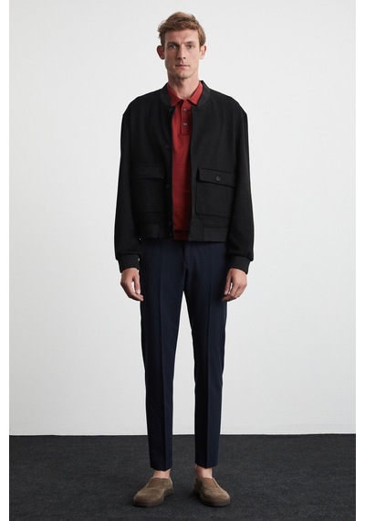 Grimelange Preppy Erkek Organik Pamuklu Çift Cepli Düğmeli Regular Fit Yuvarlak Yakalı Siyah Ceket
