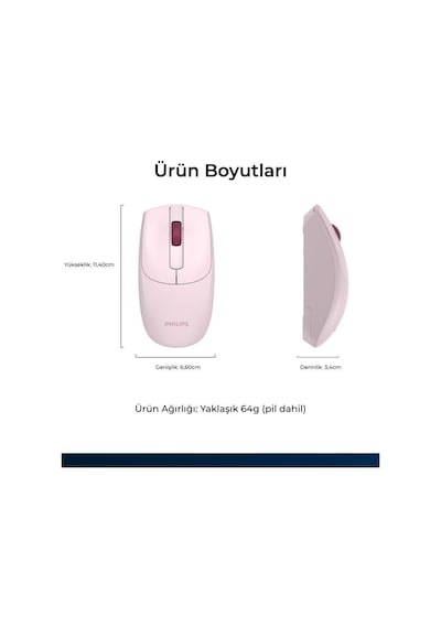 Philips Uyumlu  Spk7398p Kablosuz 1600dpı Sessiz Optik Mouse Pembe Diğer