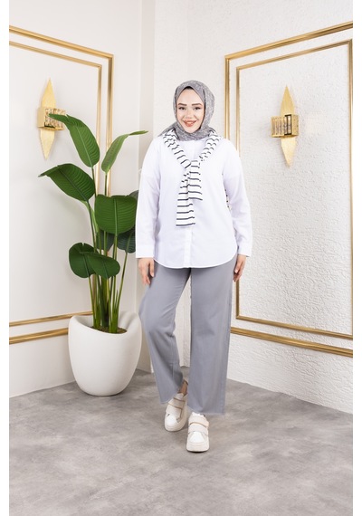 Nevayla Moda Beli Lastikli Keten Pantolon - Gri / A0104 Gri