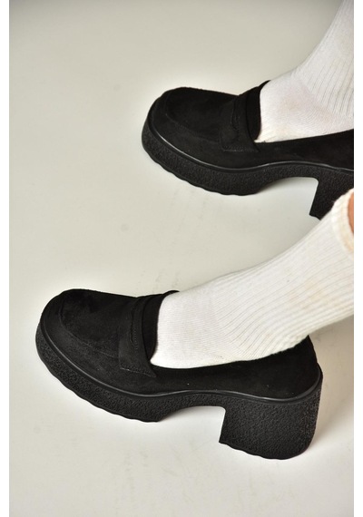 Fox Shoes T996152002 Siyah Süet Kalın Topuklu Kadın Ayakkabı Siyah