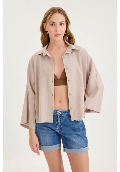 Vitrin Düşük Omuz Oversize Crop Gömlek Taş