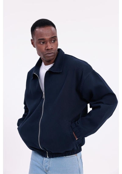 Freemen Erkek Basic Gabardin Kumaş Fermuarlı Oversize Mevsimlik Polo Yaka Ceket Lacivert