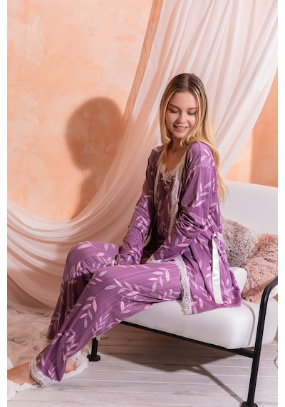 Nisanca Sabahlıklı Dantel Detaylı Pegasus Kadın Pijama Takımı-çeyizlik Takım- Geniş Beden Aralığı Lila