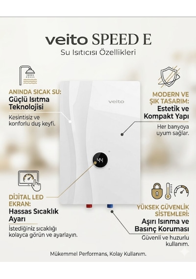 Veito Speed E 3kademeli Dijital Ekranlı Ani Su Isıtıcısı Şofben - A+ Enerji Tasarruflu, Kesintisiz Sıcak Su Konforlu Elektirikli Şofben Montaj Dahil Değildir.