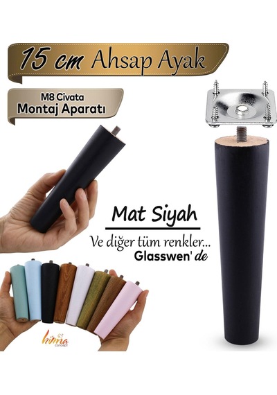 Ahşap Ayak 15 Cm Siyah M8 Civatalı Bağlantı Aparatlı Dolap Mobilya Koltuk Kanepe Destek Ayağı Ayakları Siyah