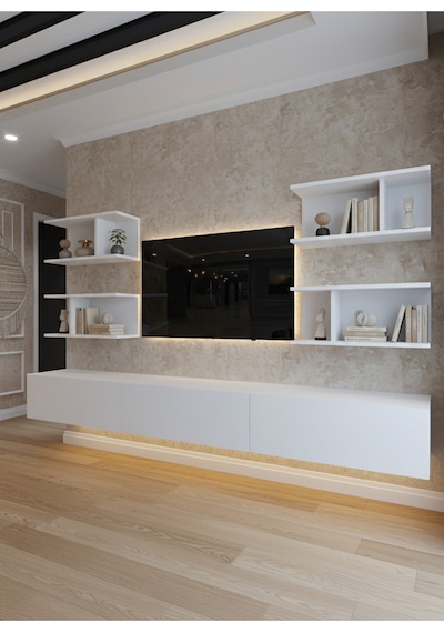 Resital Ledli Duvara Monte Tv Sehpası - Beyaz - W6010-1 Beyaz