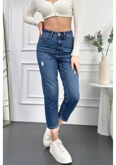 Mavi Yıpratmalı Kadın Boyfriend Jean Yüksek Bel Kot Pantolon Mabel Model 001